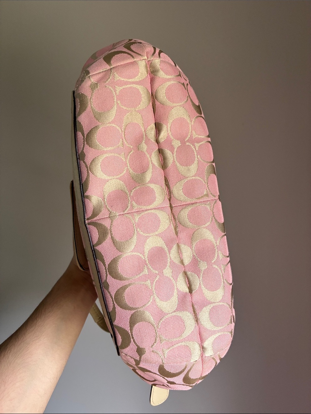 Coach Pink Signature Canvas Shoulder Bag with Beige Trim and Charm - Picture 3 of 12
